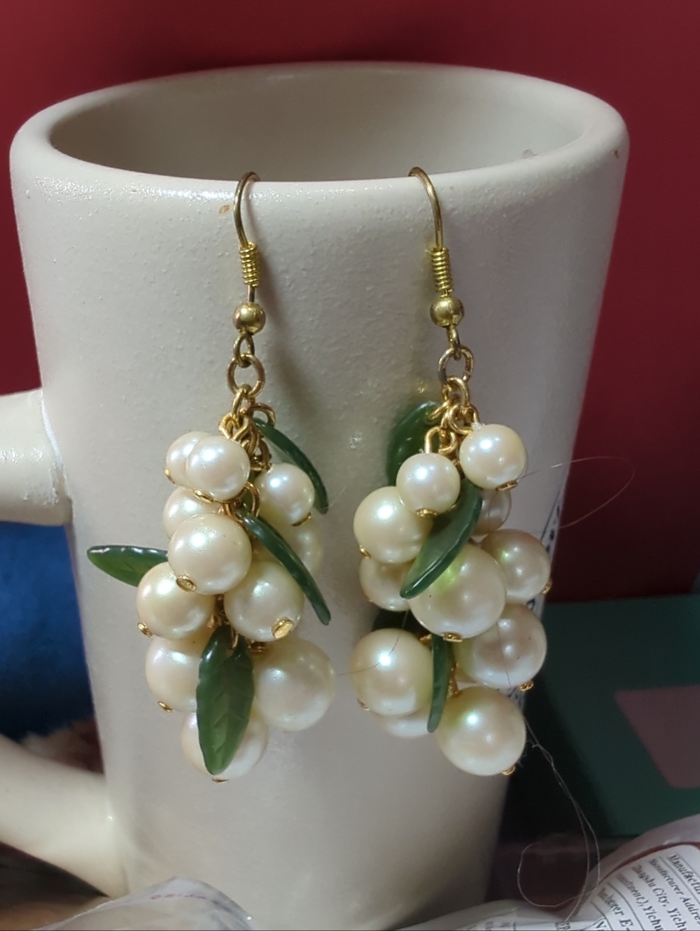 Vintage 1990s Avon Faux Pearl Grape Cluster Lucite Green Leaves Pierced Earrings